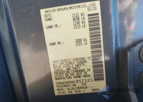 2010 Nissan Maxima 3.5 Sv from USA, damaged, VIN 1N4AA5APXAC857121